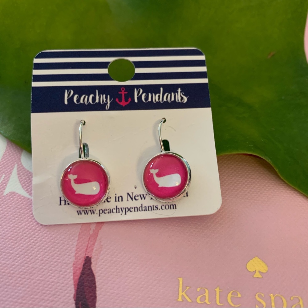 Silver and pink whale earrings